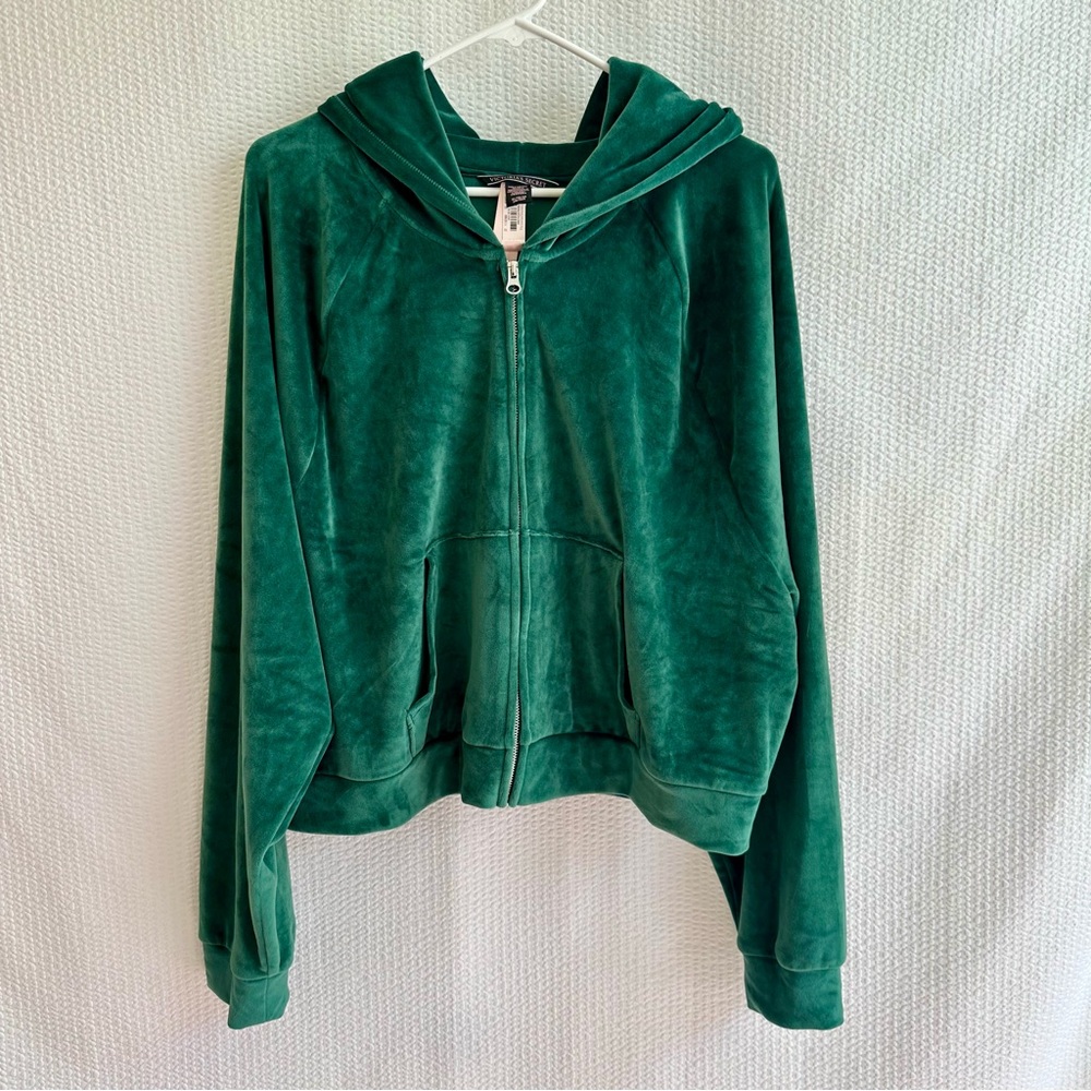 VICTORIA’S SECRET Emerald Green Velour Zip Up Hoodie XL Logo Sweatshirt NWT